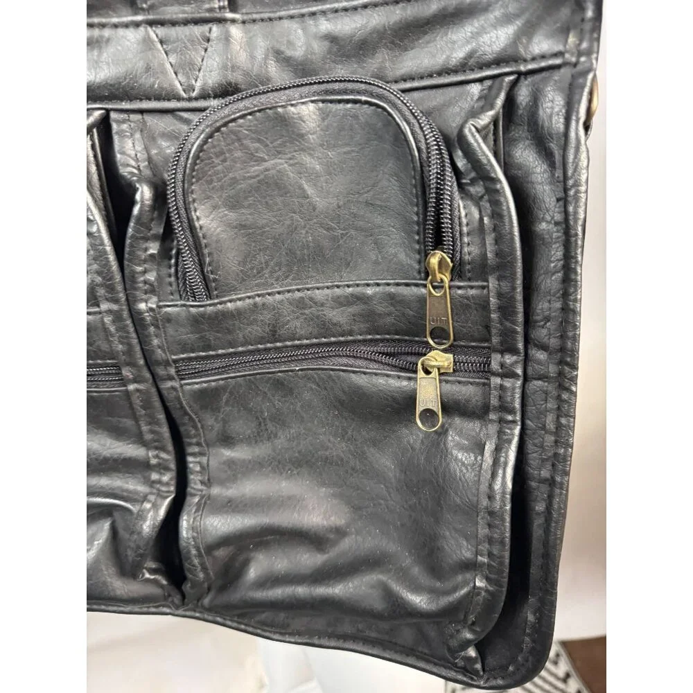 Monarch Black Leather Look Business Briefcase With Multiple Zippered Pockets & A